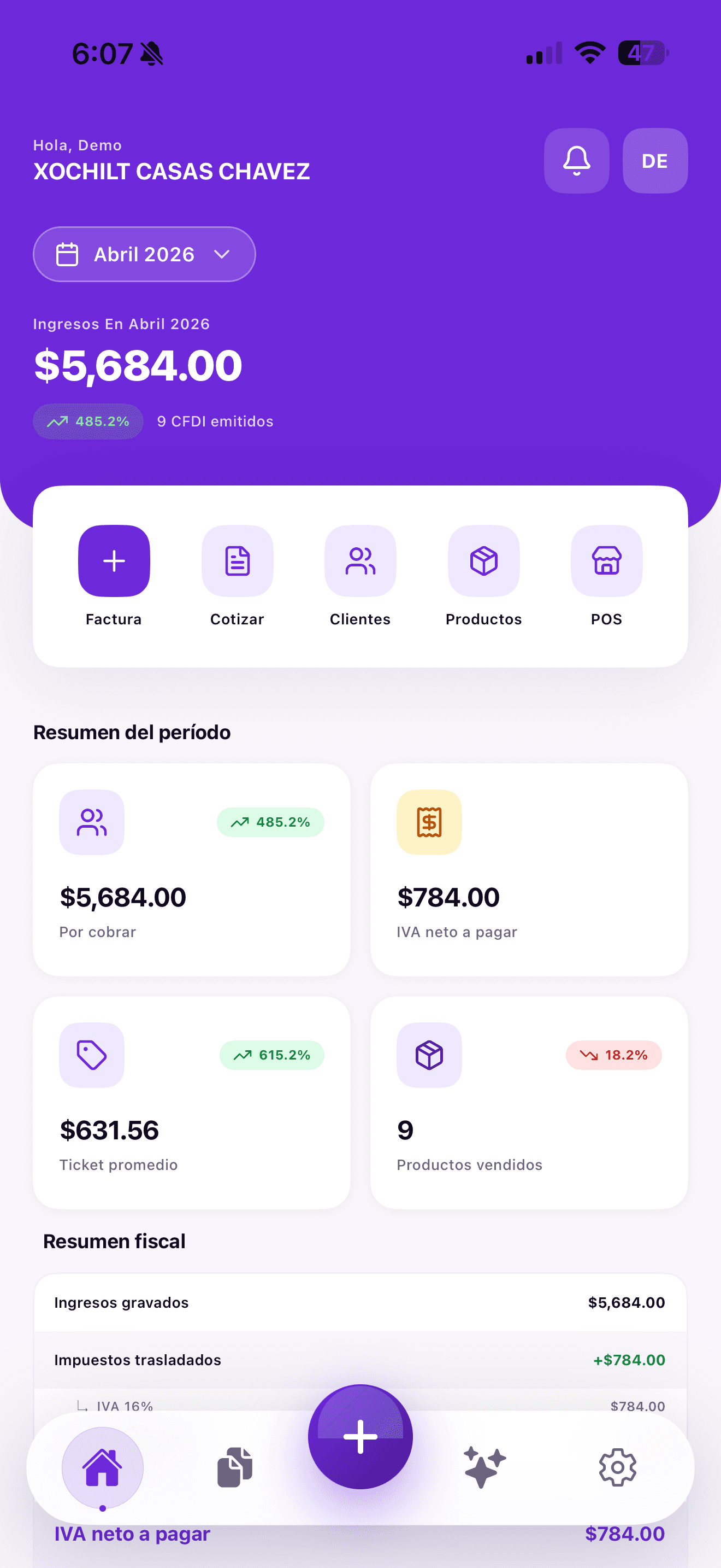SenHub Go — pantalla principal de la app con el dashboard de facturación